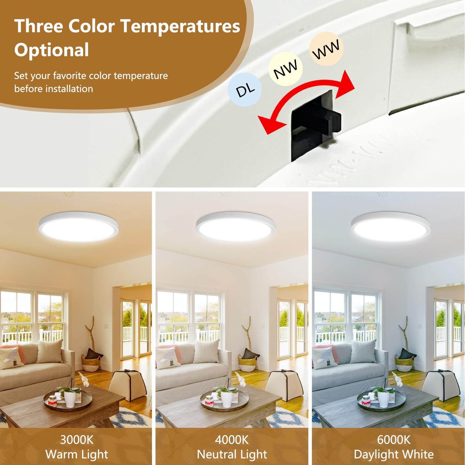 15.8 Inch 6PK LED Flush Mount Ceiling Light, 32W, 3480LM, 3000K/4000K/6000K C... gallery