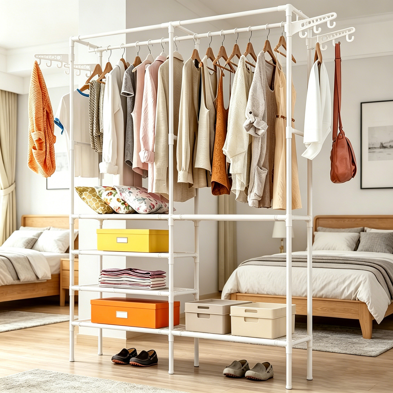 Portable Closet System,Freestanding Clothes Rack,Metal Organizer Shelves (White) gallery