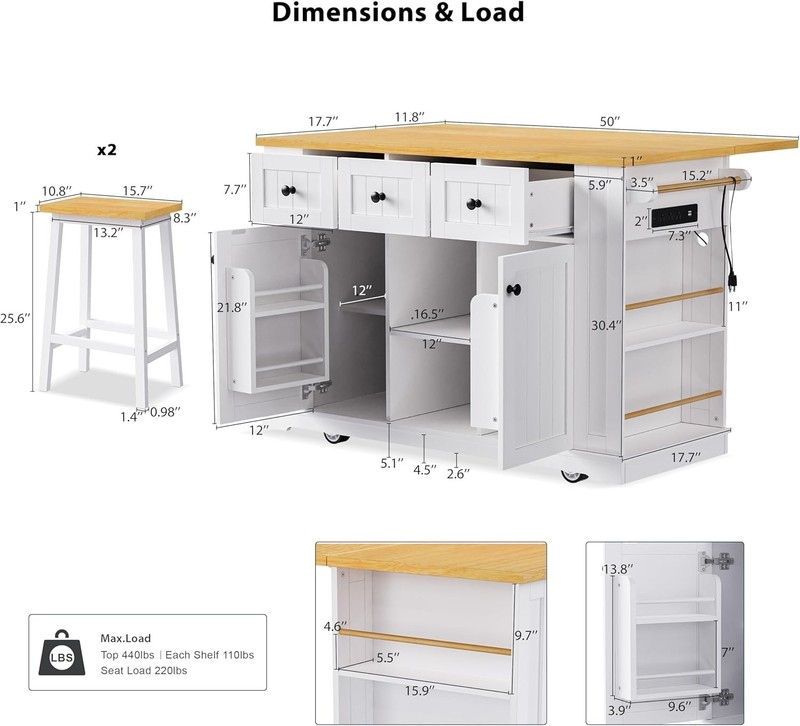 Rectangle Kitchen Island Table 53 in. Kitchen Island on Wheels in White Finish gallery