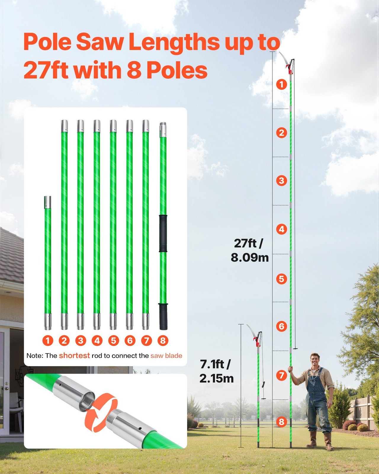 27ft Extendable Pole Saw with 8 Adjustable Sections, 65Mn Steel Blade, Scissors gallery