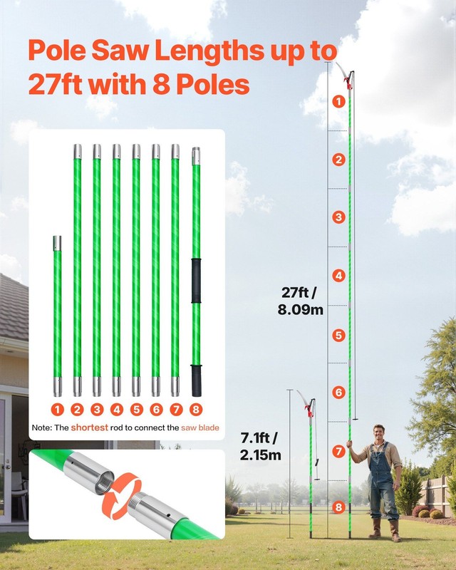 27ft Extendable Pole Saw with 8 Adjustable Sections, 65Mn Steel Blade, Scissors gallery