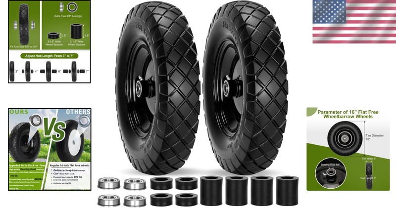 Durable 16" Solid Wheelbarrow Tires - 5/8" & 3/4" Bearings gallery