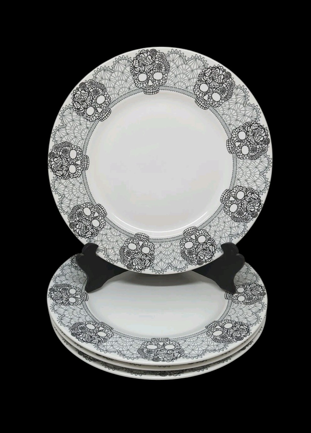 222 Fifth Skull Lace Dinner Plate Set of 4 Halloween Goth 10 5/8" gallery