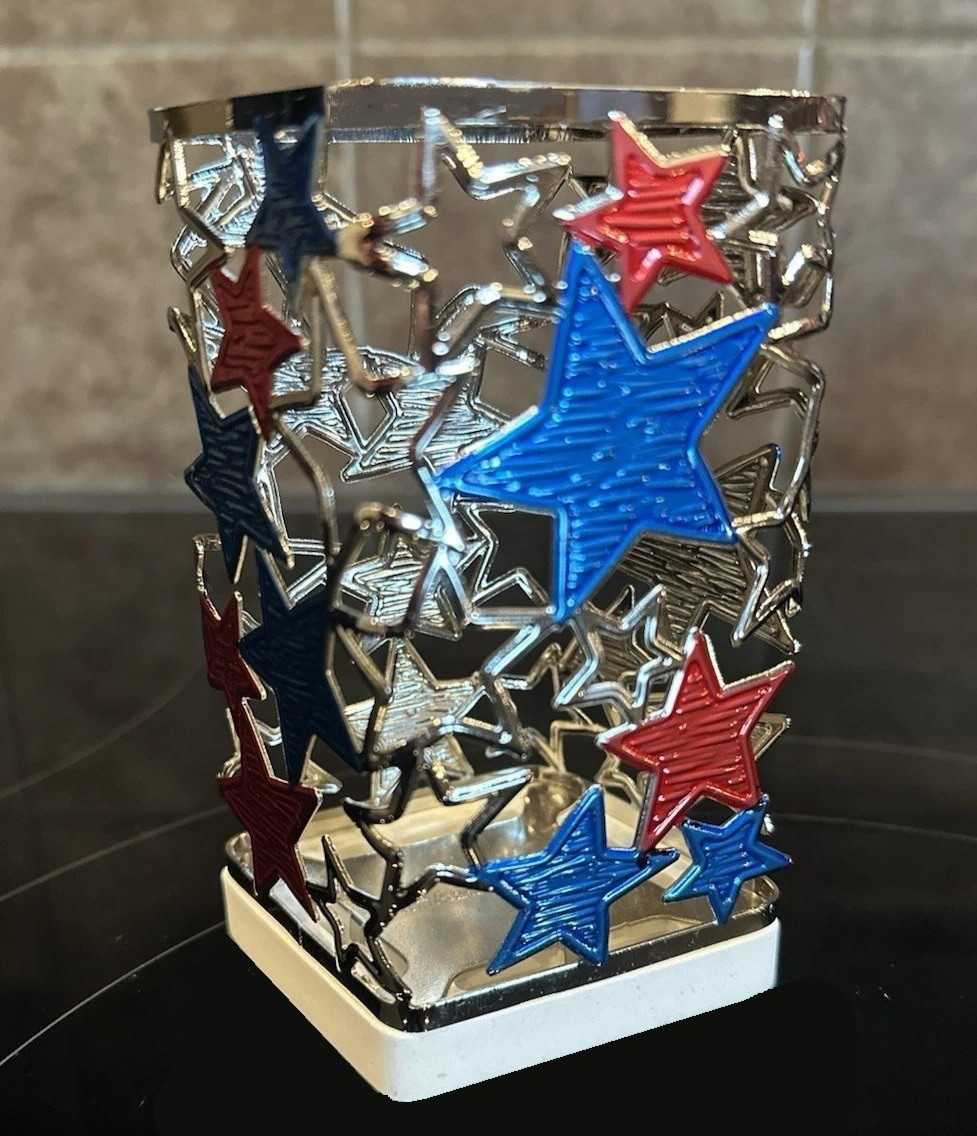 New! Bath & Body Works RED, BLUE, & SILVER STARS 3-wick Soap Holder Sleeve Stand gallery