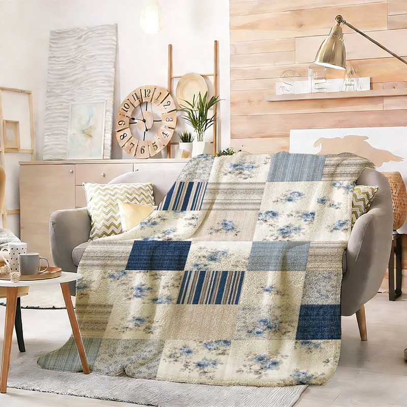 Blue Floral Patchwork Flannel Blanket Soft Cozy Tapestry Napping Travel Use gallery