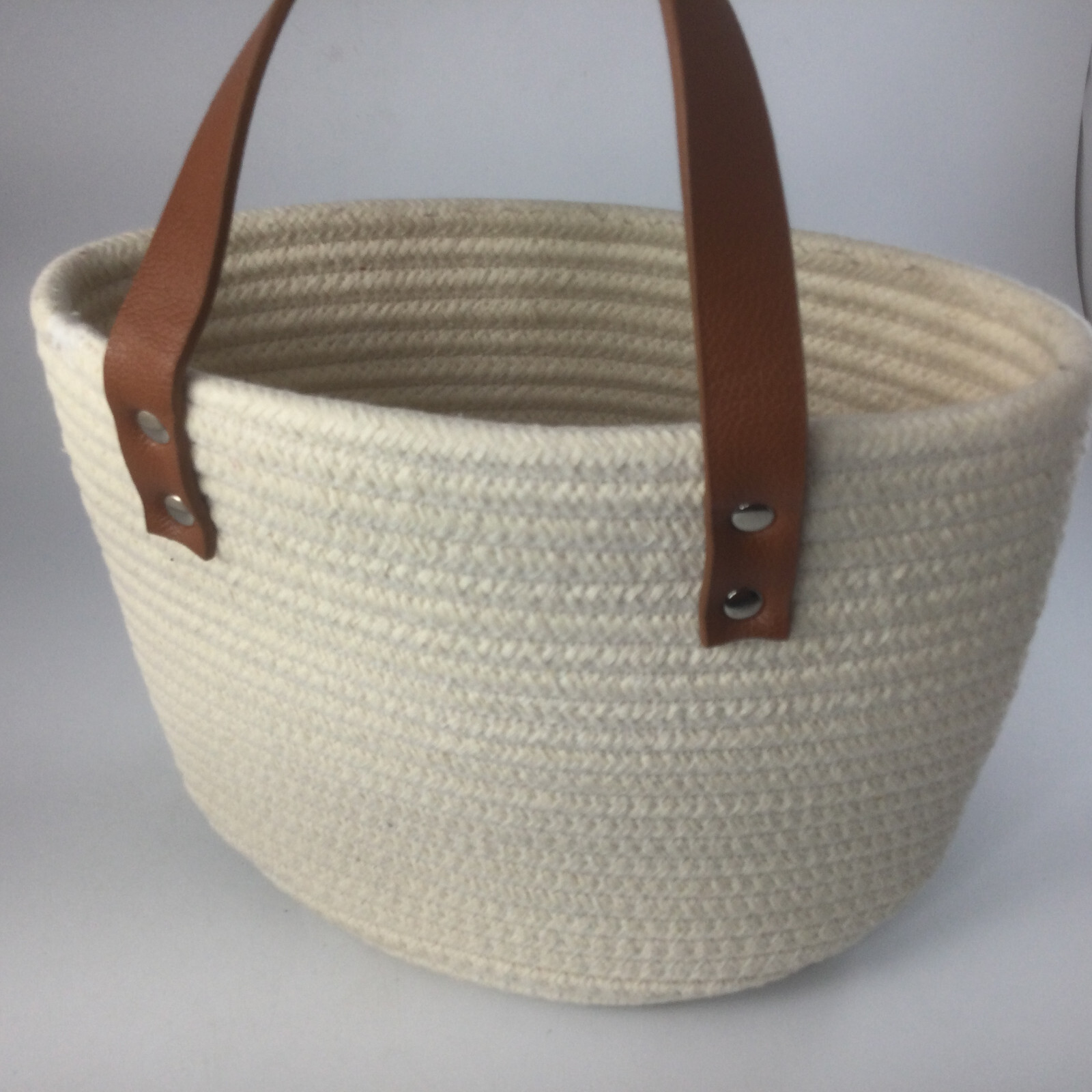 Wall Hanging Storage Basket 8" x 9" White Cotton Rope with Leather Handle gallery