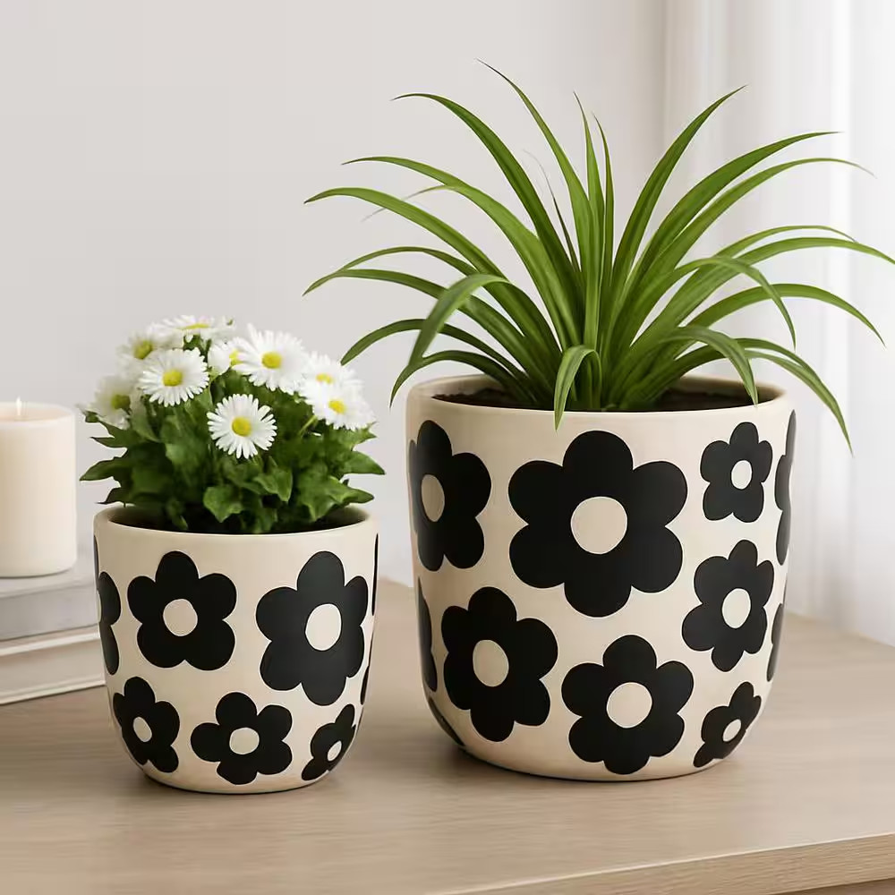 7 In. and 9 In. Black Ceramic Flower Power Decorative Planters (Set of 2) gallery