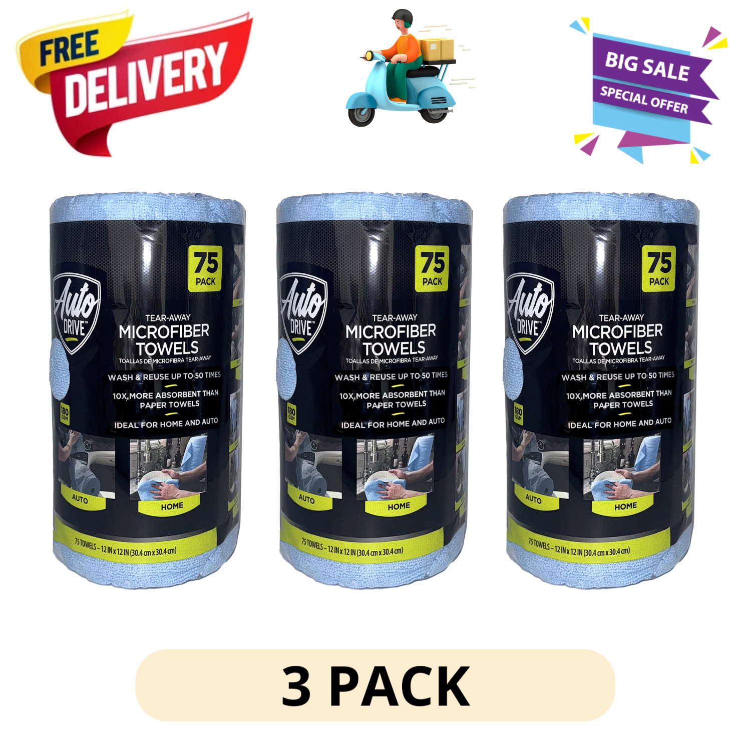 (3 Pack) Auto Drive Tear Away Microfiber Towels 75Ct Multi Purpose Cleaning Roll gallery