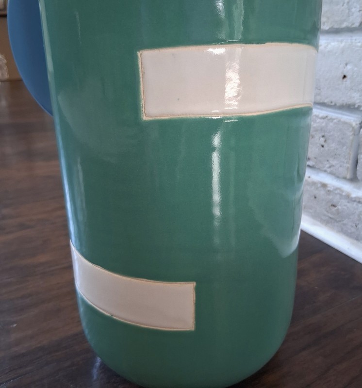 Large Postmodern Studio Pottery Vase Teal Blue White Memphis Style 12" Signed JJ gallery