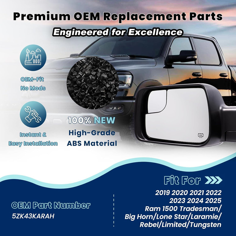 Left Driver Side Mirror for 2019-2025 Ram 1500 with Manual Folding/Heated/Power gallery