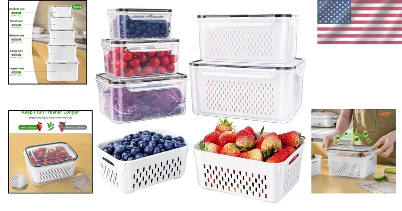 Fruit Container Set Large Food Storage Containers with Colander 5pcs gallery