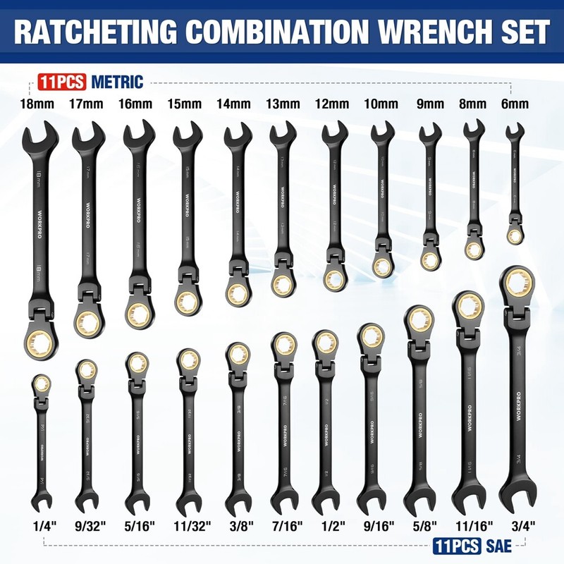 WORKPRO 22PC Ratcheting Combination Wrench Set Metric 6-18mm SAE 1/4-3/4" Wrench gallery