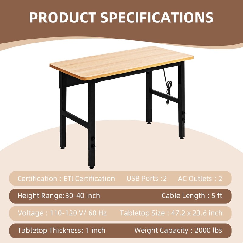 Steelite Adjustable Workbench 48"L X 24"W Hardwood Top Worktable w/Power Outlet gallery