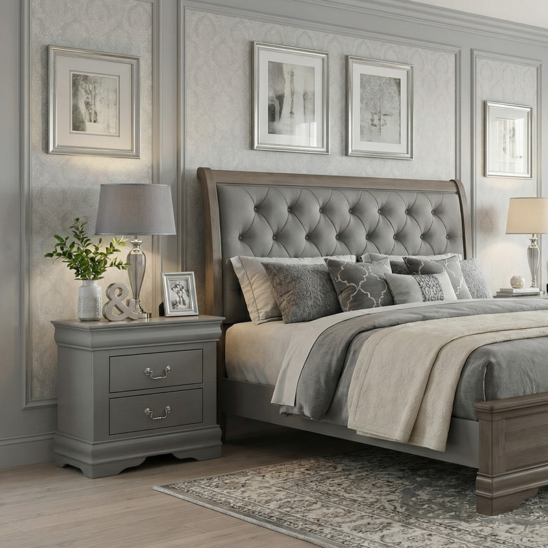 Traditional Solid Wood Nightstand with 2 Drawers in Black / Dark Cherry / White gallery