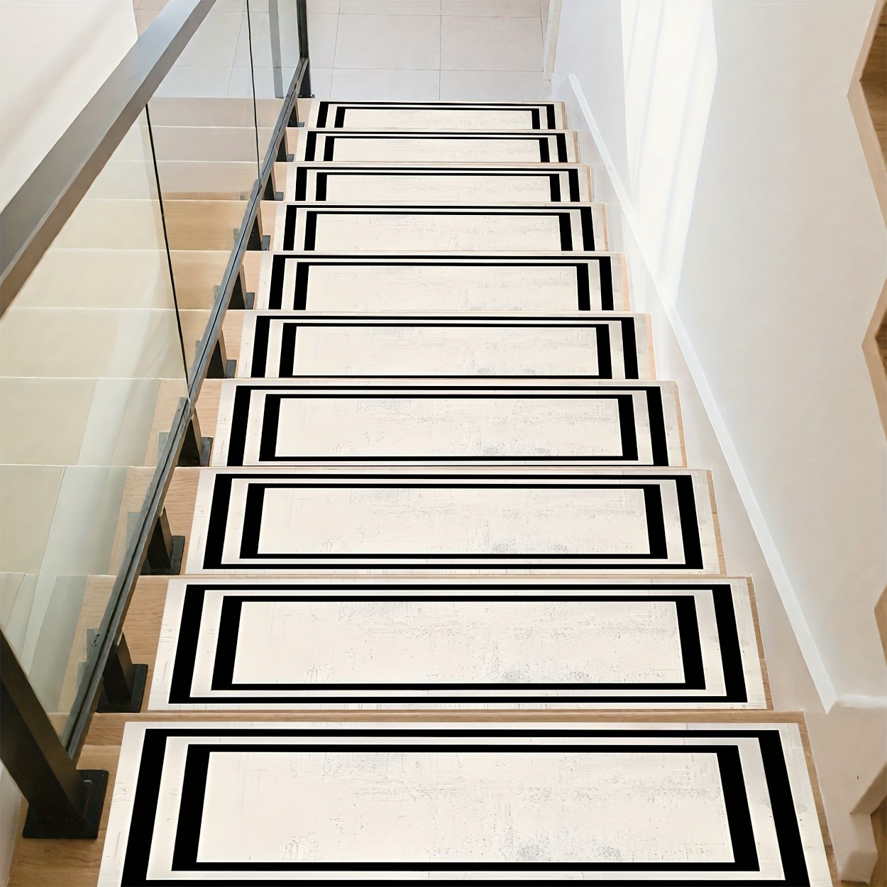 15pcs, Rug Set White Frame Easy Pattern Printed Stair Mat, Non-Slip Stair Carp gallery