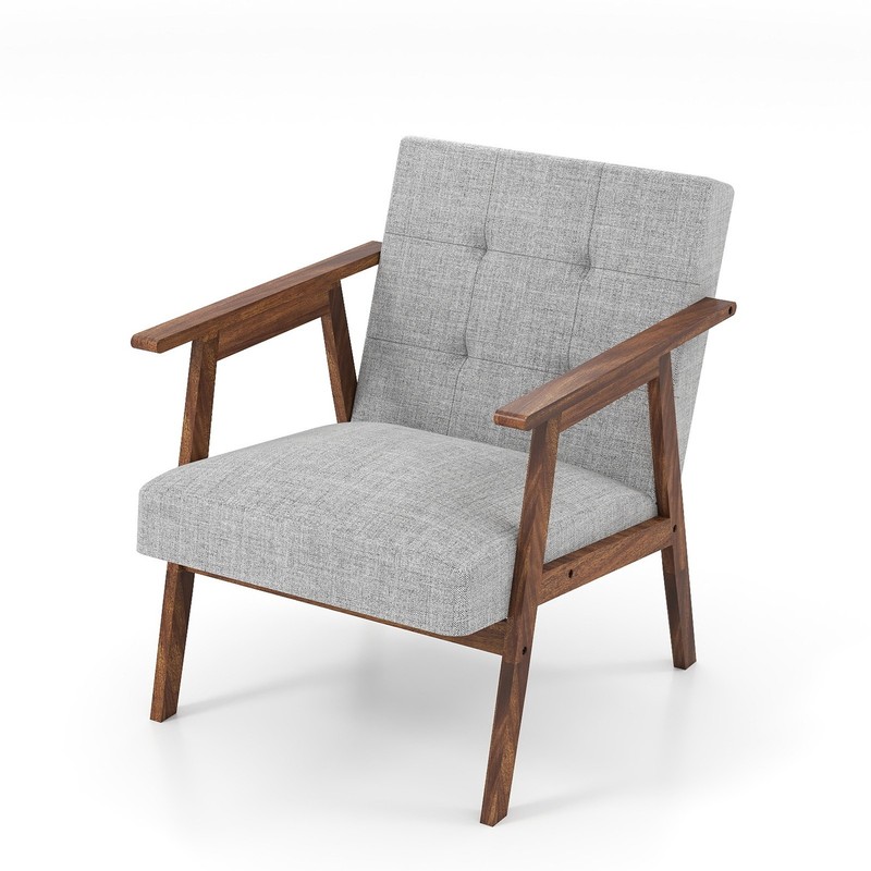 Chair Solid Wood Framed Leather Mid-Century Armchair light Gray for Living Room gallery