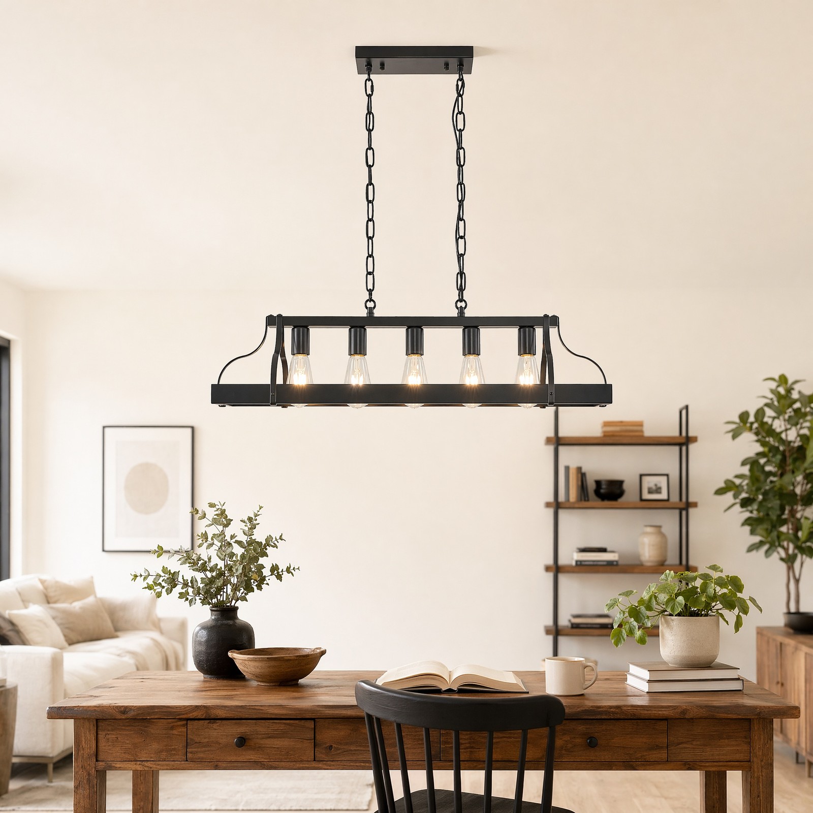 34 inch 5 Light Black Linear LED Pendant Chandelier Kitchen Living Room Fixture gallery