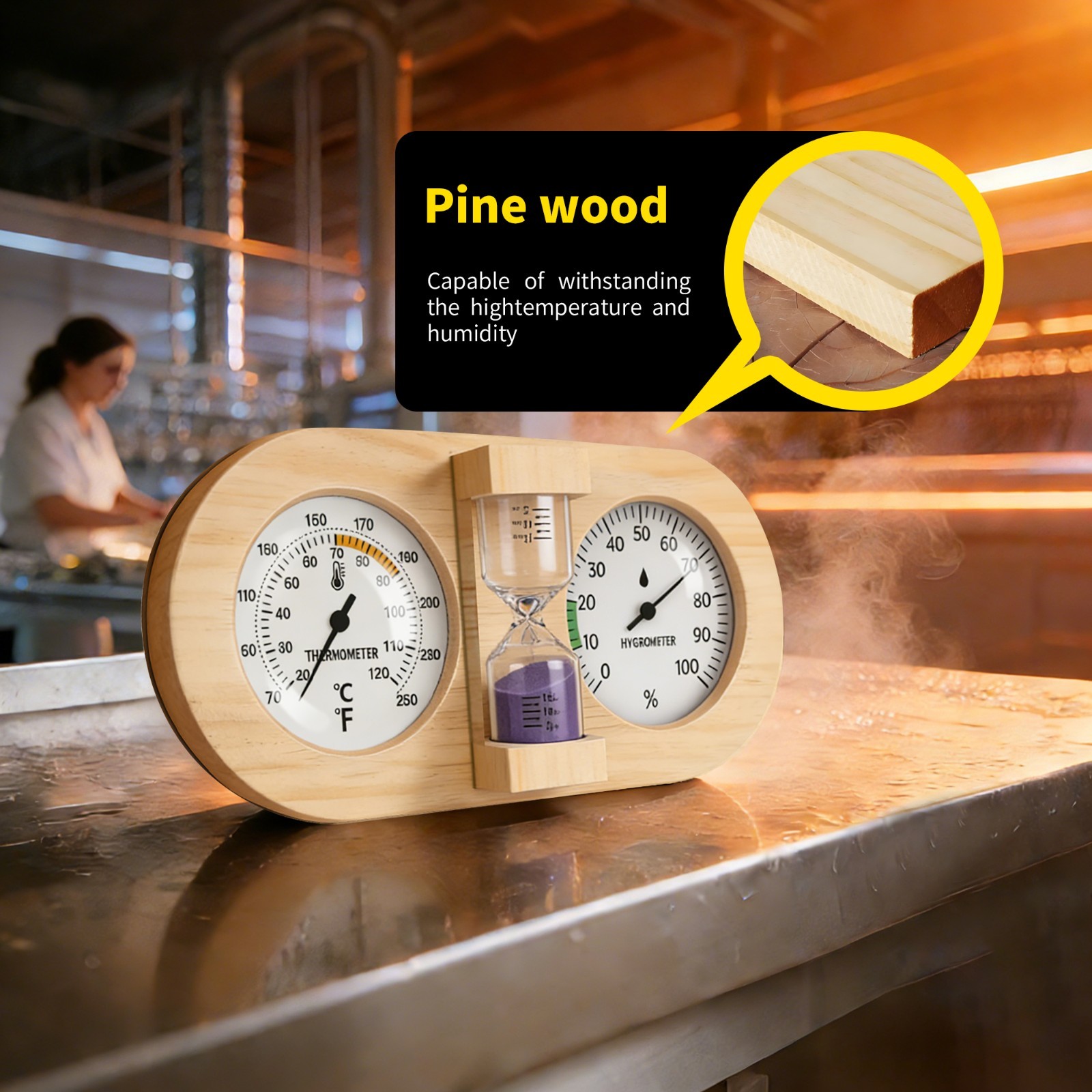 3-in-1 Sauna Thermometer Hygrometer with 5-15 Minute Sand Timer, Pine Wood Wall gallery