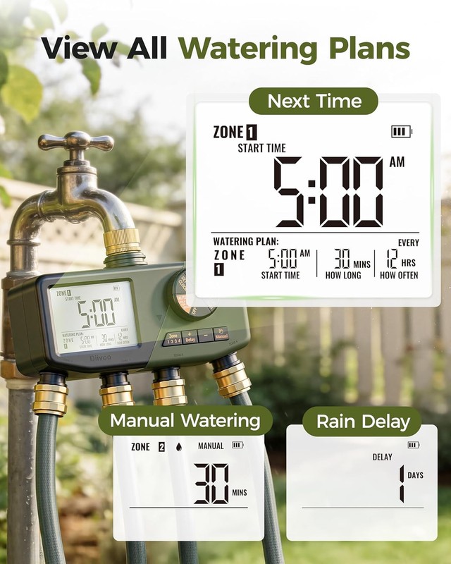 4 Zone Sprinkler Timer with Large Display Digital Control Rain Delay for Garden gallery