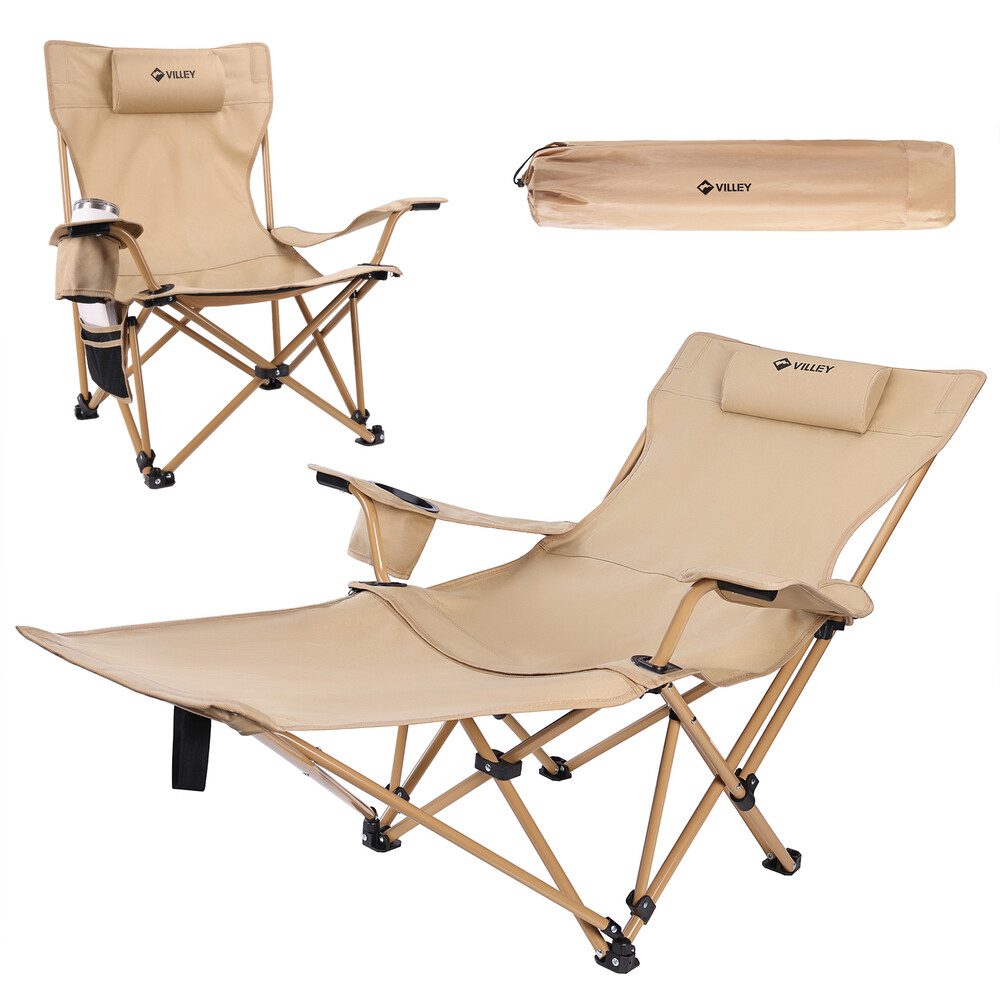 VILLEY Adjustable Reclining Camping Lounge Chair Headrest Foldable 330LB Support gallery