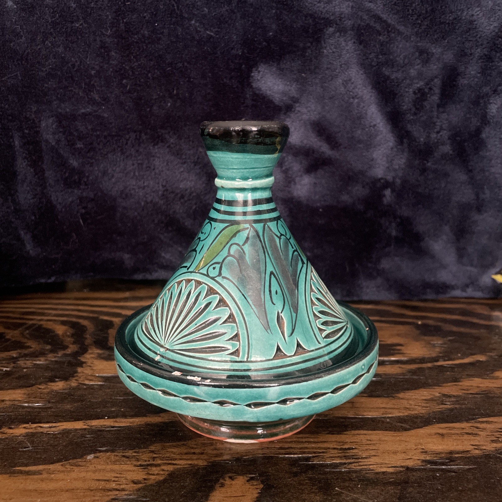 Vintage Hand-Painted Moroccan Tagine Cooking & Serving Pot 5” Green gallery
