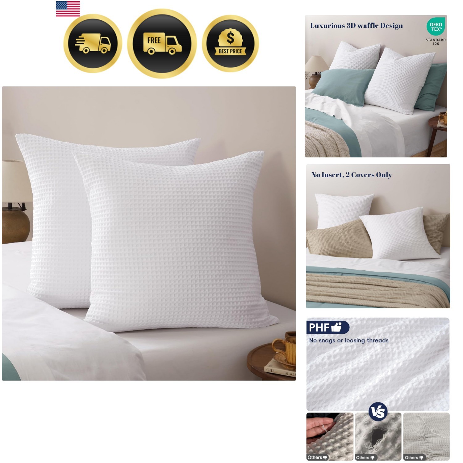 Ultra Soft Waffle Weave Euro Shams Pillow Covers, No Filling, 2 Pack 26" x 26... gallery