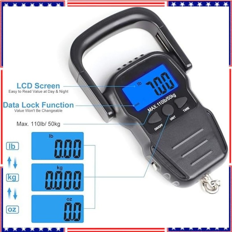Fish Scale with Backlit LCD Display, Up to 110lb/50kg Digital Portable Hanging F gallery
