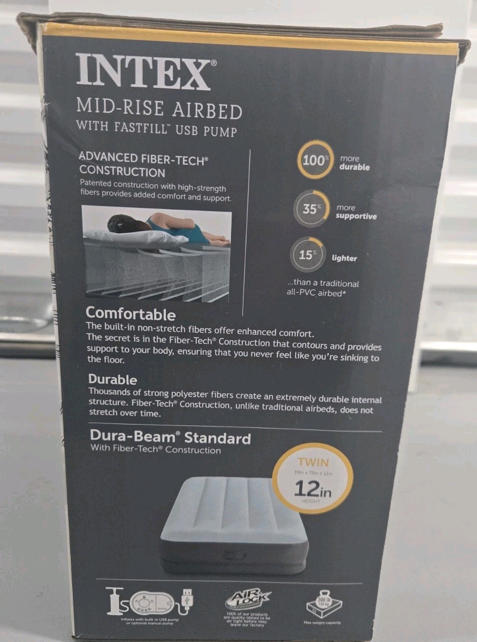 Intex Mid-Rise Airbed with FastFill USB Pump Twin 12" Height Dura-Beam QL gallery