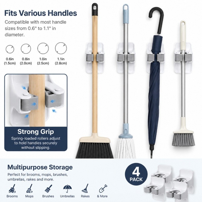 4-Pack Self-Adhesive Broom Holder Set – Wall-Mounted Mop and Broom Gripper Racks gallery