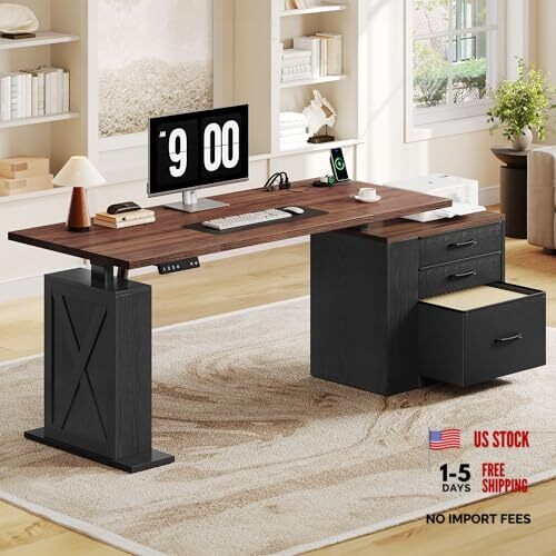 75.5 Inches Electric Standing Desk with Drawers Farmhouse Sit Stand Desk Black gallery
