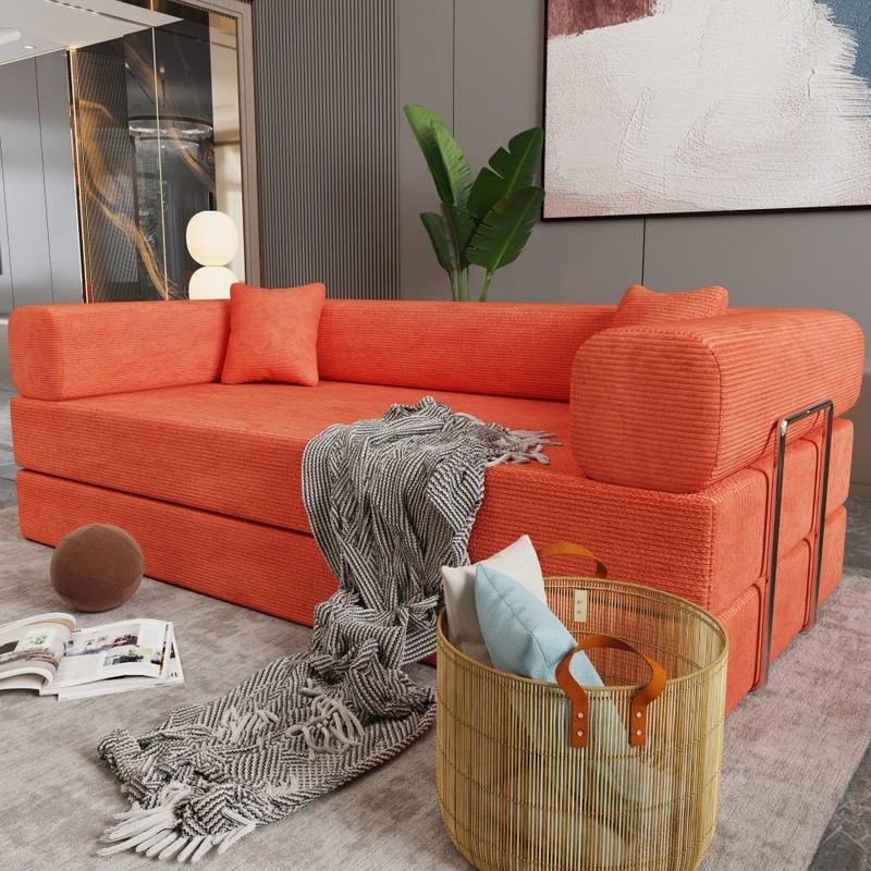 Sleeper Sofa Bed 2-Seater Convertible Couch Corduroy Foam Orange gallery