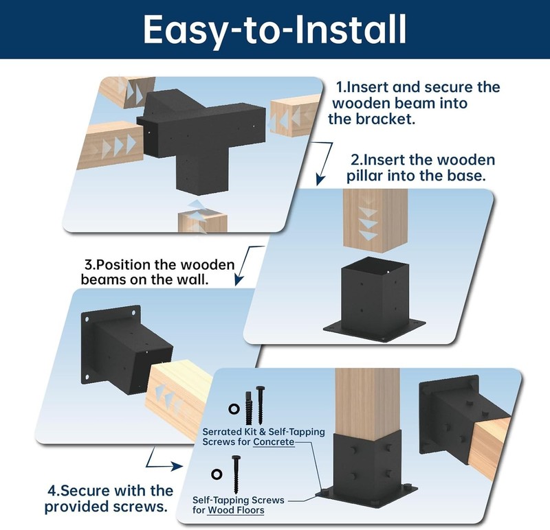 Pergola Bracket Kit 4X4, Including 1 Wall Base, 1 105 ° 4-Way and 1 Bases, 1 Set gallery
