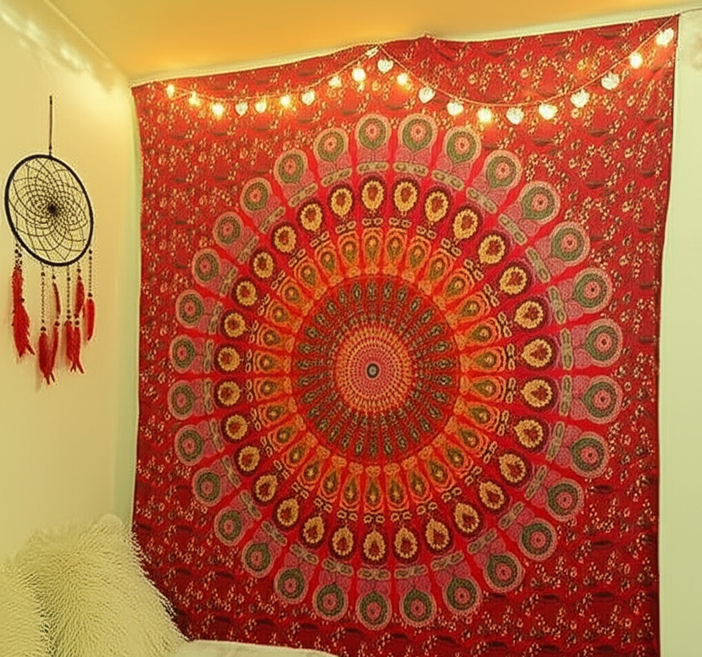 Indian Red Peacock Mandala Wall Hanging Décor Tapestry Queen Bedding Hippie US gallery