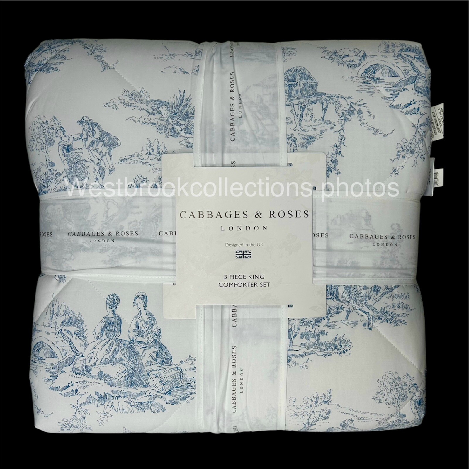 Cabbages & Roses ~ Quilted KING COMFORTER 2 KING SHAMS ~ COUNTRY TOILE ~ BLUE gallery