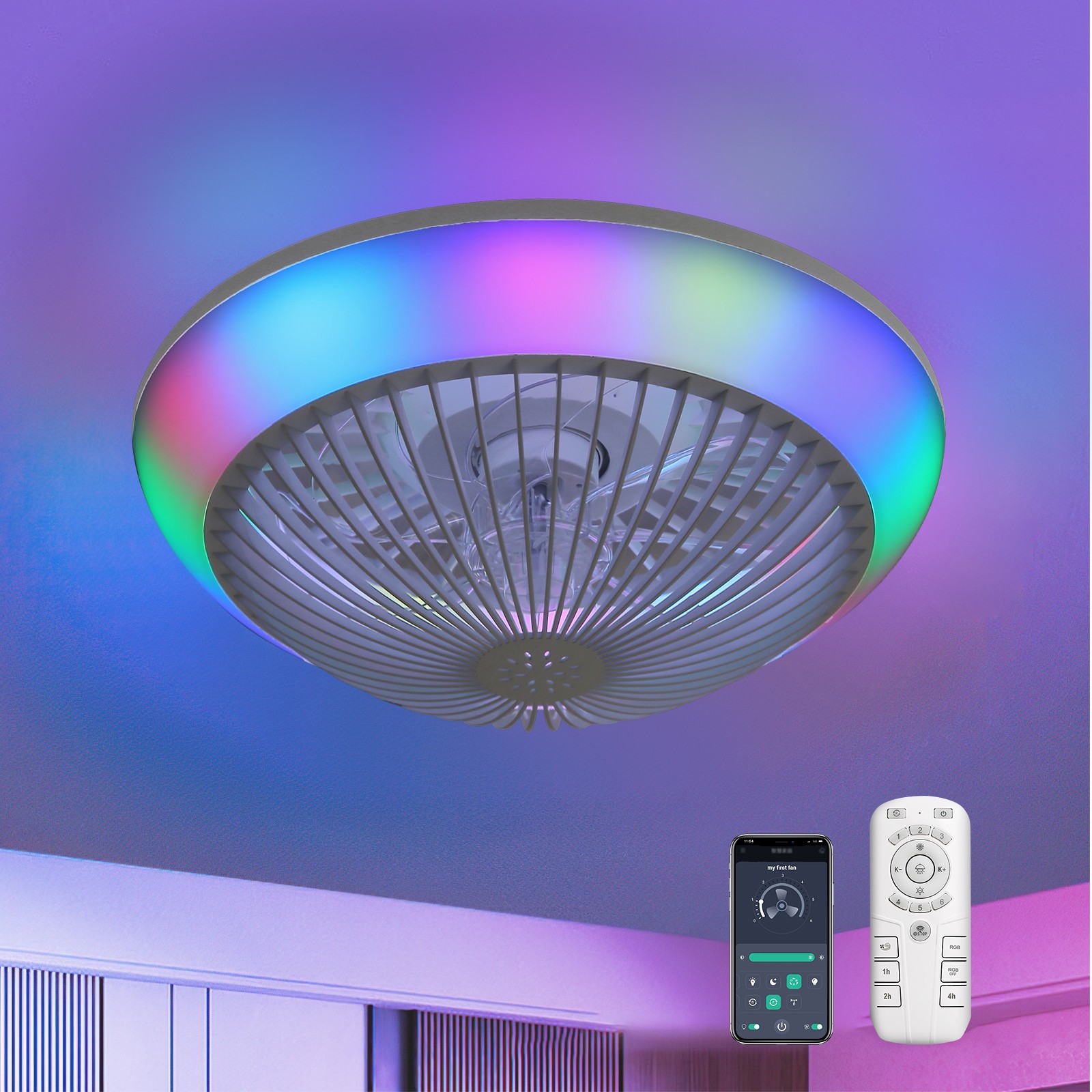 Smart RGB Light LED Light Ceiling Fan Adjustable 6 Speed Remote Control Bladeles gallery