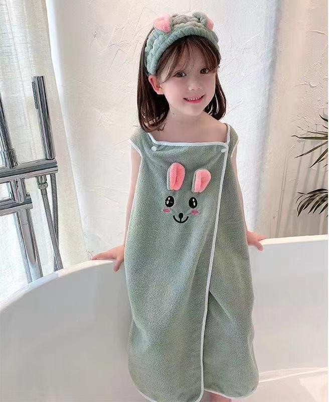 Kids Cotton Bathrobe Towel Set Absorbent Bath Skirt Hair Band 3-15 Years Old Set gallery