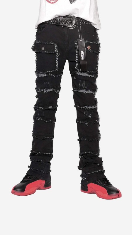 Statement Layered Distressed Jeans - Best Fitted Black Stack with Fringe Detail gallery
