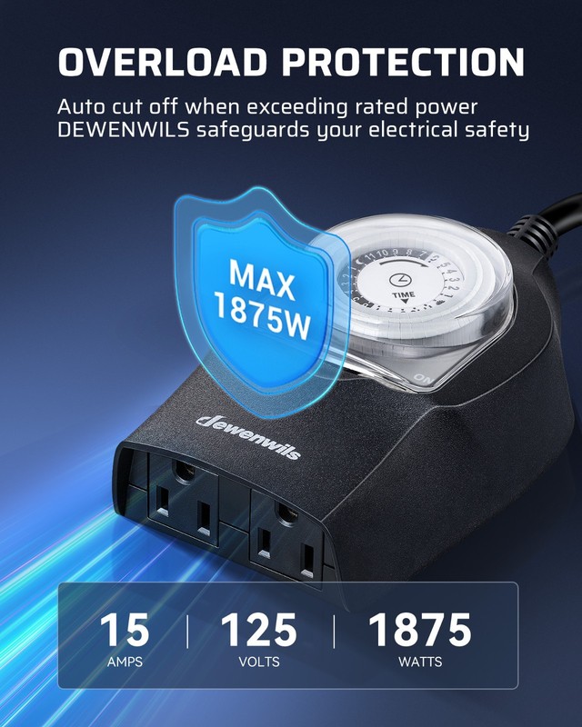 Mechanical Timer Switch for Outdoor Lights, Plug in, 15A Heavy Duty, 2 Outlets gallery