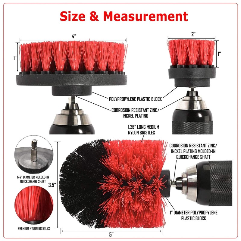 Red 6 Pack Drill Brush Attachment Scrubber Brushes Set Kit with Bit Extension gallery