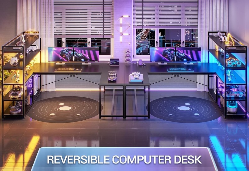 63” Reversible Computer Desk with Power Outlet, Storage Shelves and LED Lights gallery