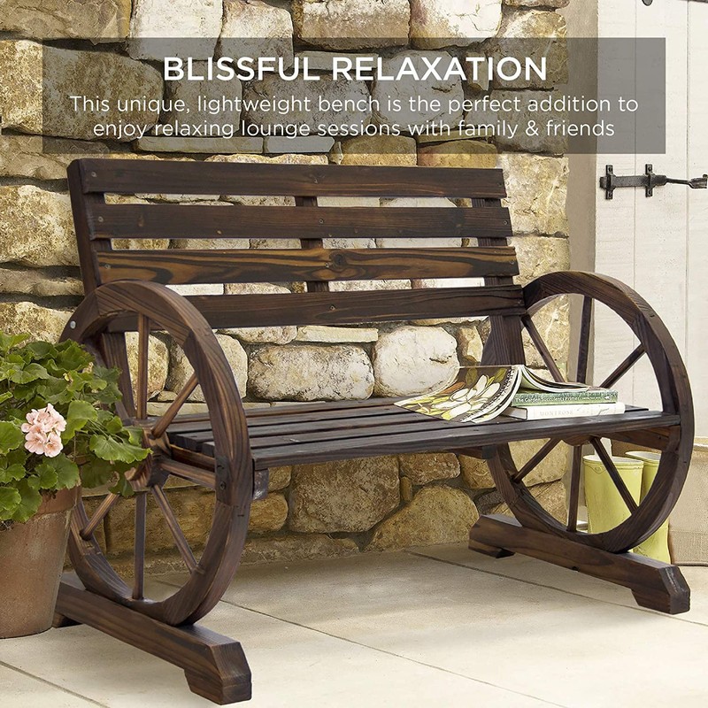 2 Person Rustic Wagon Wheel Bench Garden Loveseat Porch Patio Outdoor Seat Wood gallery
