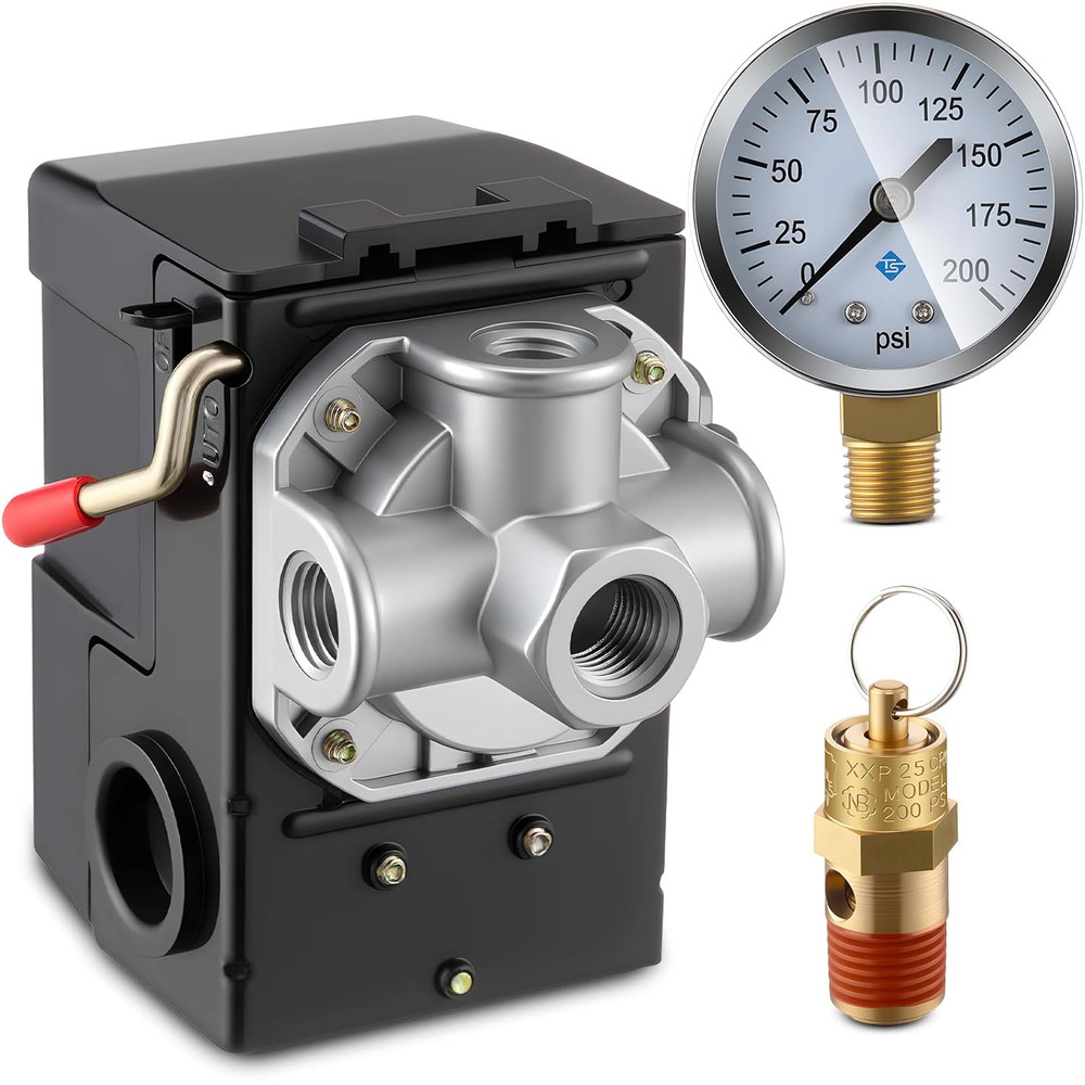 Air Compressor Pressure Switch 135-175 4-Port 20 Amp with 0-200 PSI Gauge and 20