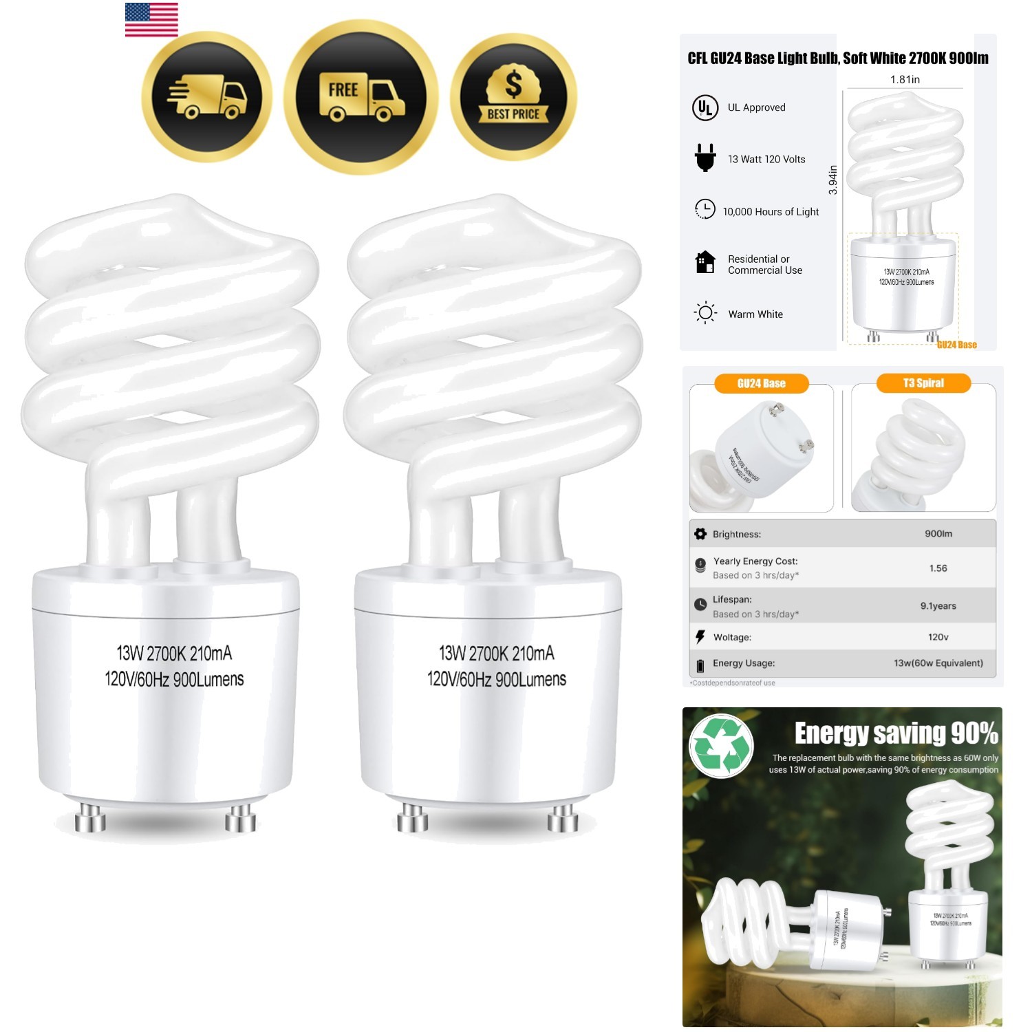 CFL Light Bulbs GU24 Base, T3 Spiral 13Watt 60Watt Equ Soft White 2700K 900lm... gallery