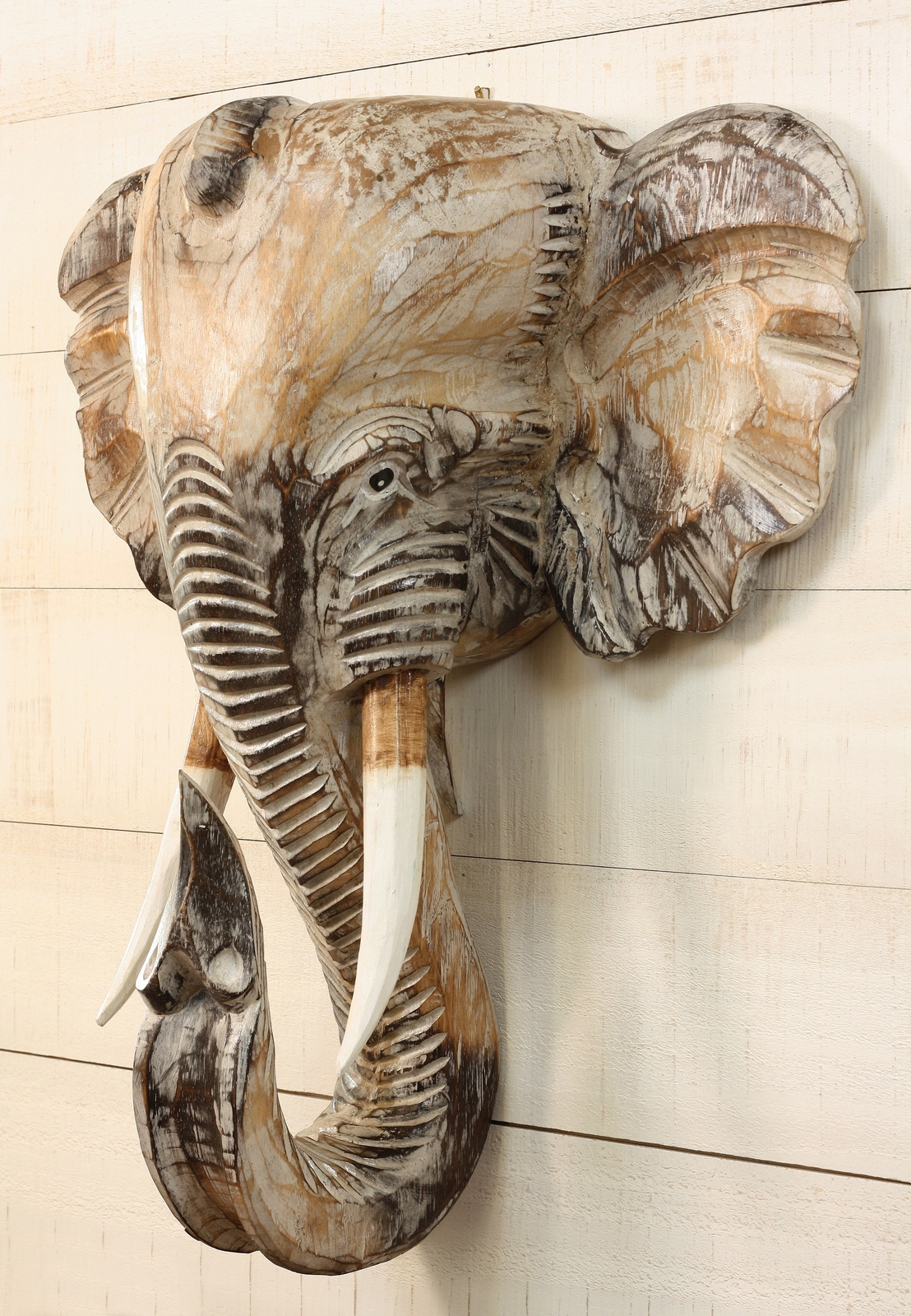 Wooden Whitewashed Hand Carved Elephant Wall Bust Sculpture Hanging Decor Statue gallery
