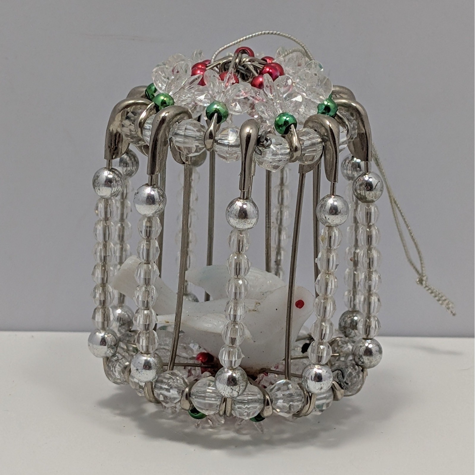 VTG Handmade Beaded Bird Cage Christmas Ornament Clear Crystal Silver Red Green gallery
