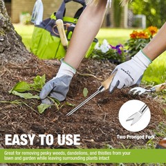 WORKPRO Weeder Puller Tool Wood Handle Weed Remover Tool 2-Pronged Fork Polished