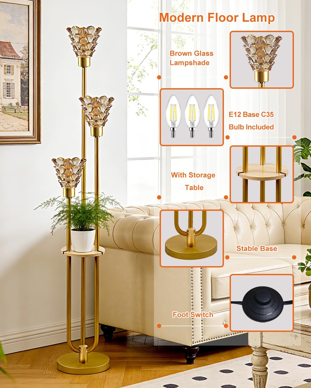 Amber Glass Floor Lamp with Shelf, 63IN Mid Century Modern Gold Floor Lamps w... gallery