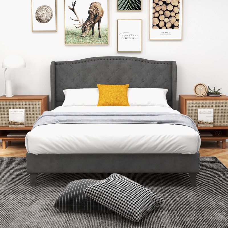 Full Upholstered Bed Base Bed Frame w/ High Density Sponge Padded Headboard Grey gallery