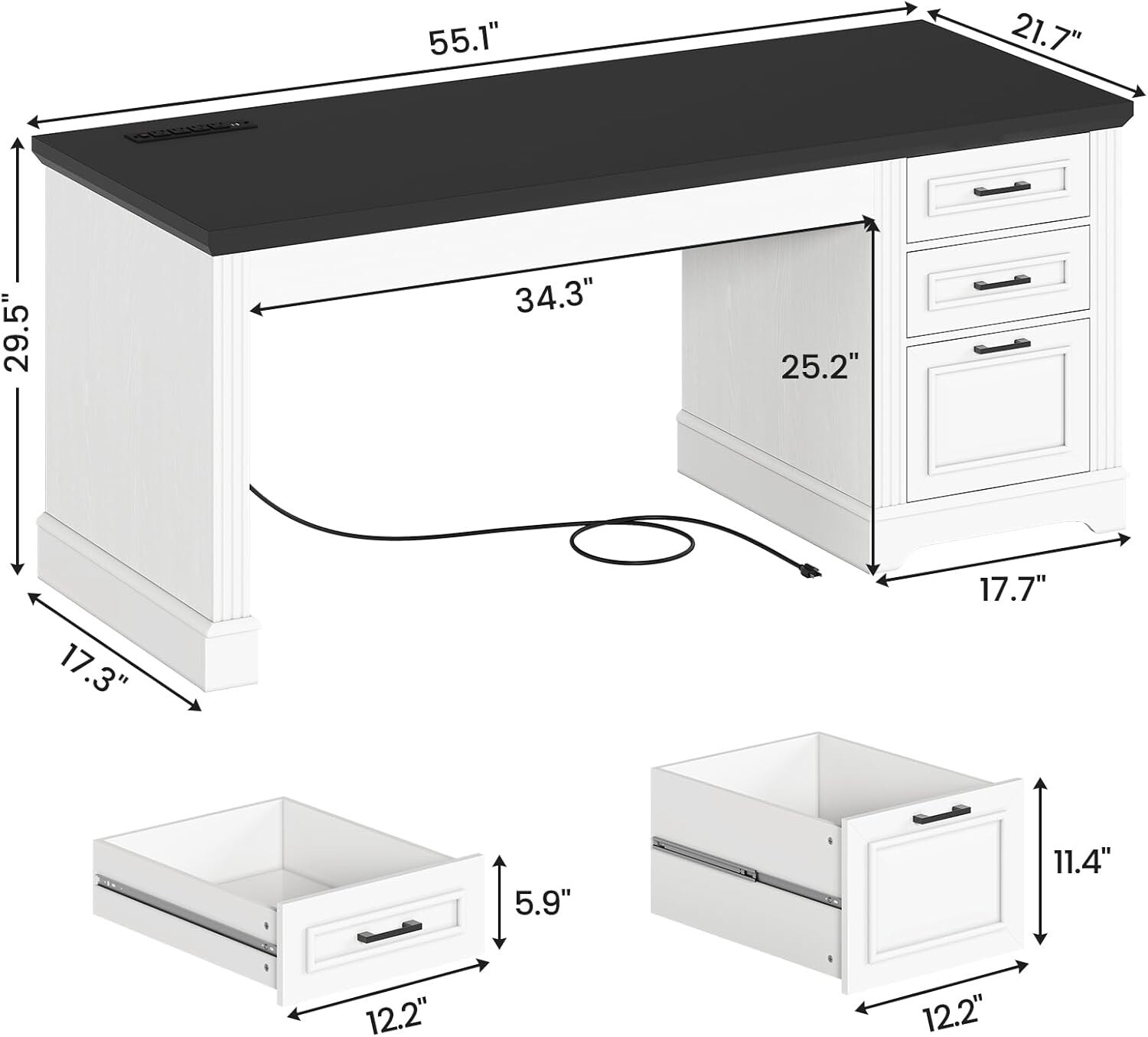 55" Executive Computer Desk with 3 Drawers, Farmhouse Home Office Desk (White) gallery