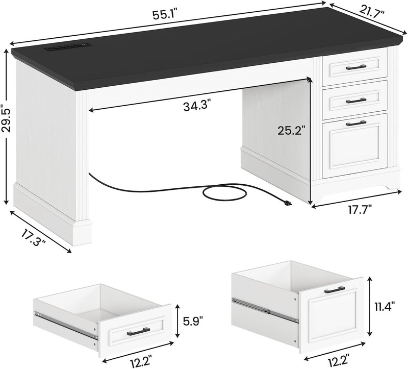 55" Executive Computer Desk with 3 Drawers, Farmhouse Home Office Desk (White) gallery